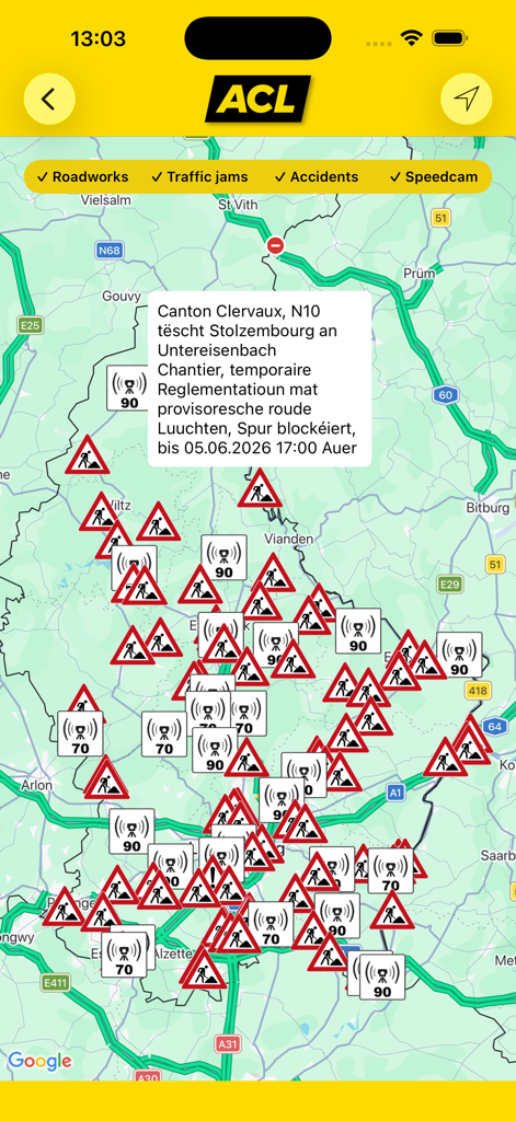 ACL App - Mapa de informações de trânsito do App ACL exibindo obras e radares no Luxemburgo.