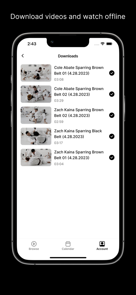 A smartphone displaying the AOJ plus app downloads screen with a list of saved Brazilian Jiu Jitsu sparring videos.
