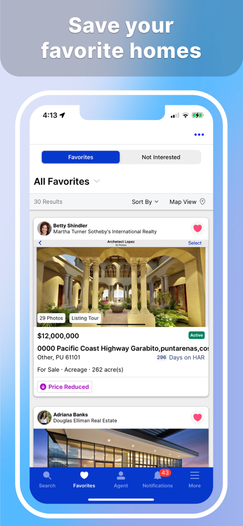 Homes And Rentals - Interfaz de la aplicación móvil HAR.com que muestra una lista de casas favoritas guardadas en venta en Texas
