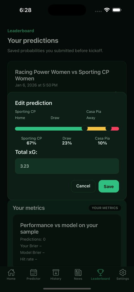 SportingCP.ai - Interface do aplicativo móvel mostrando edição de previsão de jogos de futebol com probabilidades de vitória e métricas de desempenho do usuário