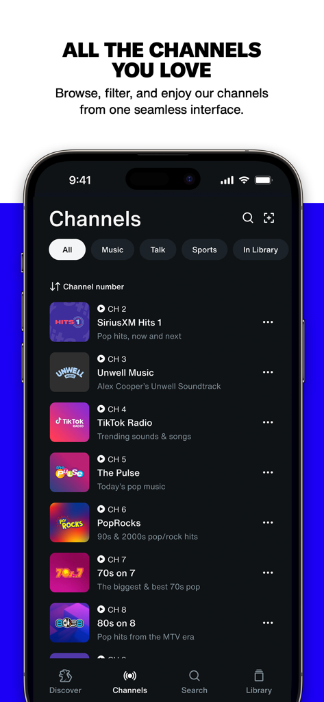 SiriusXM mobile app interface showing a list of available radio channels including music and talk categories.