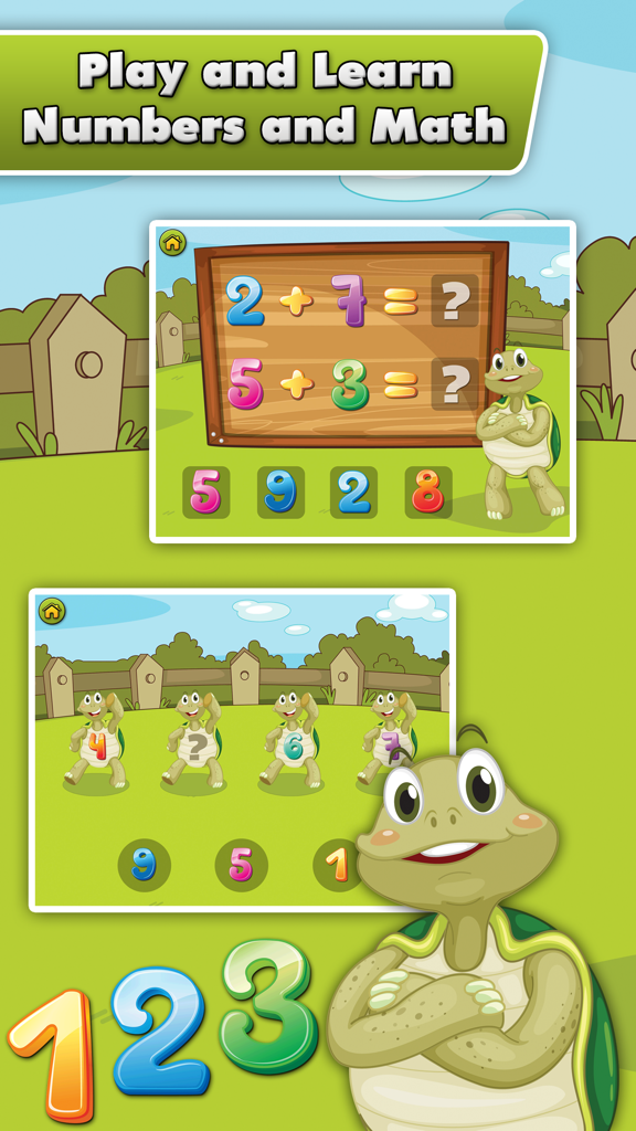 Turtle Math for Kids - Children Learn Numbers, Addition and Subtraction - A colorful educational screen from Turtle Math for Kids showing addition and number sequence games with a friendly turtle character.