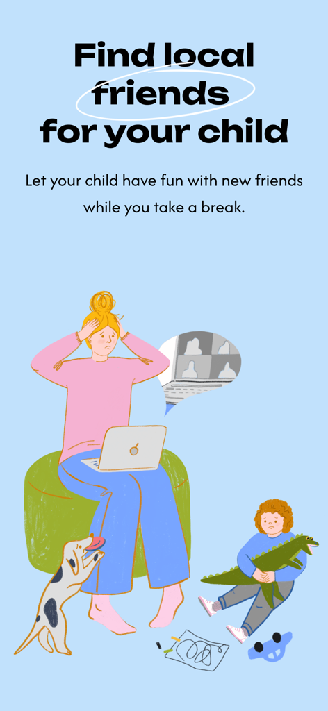 Kidbridge - Kidbridge app screenshot with an illustration of a busy parent and child alongside text about finding local friends.