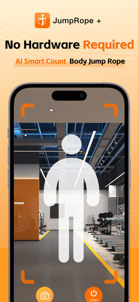 Jump Rope Counter - AI Counter - Mobile app interface showing AI body tracking for jump rope counting with no hardware required