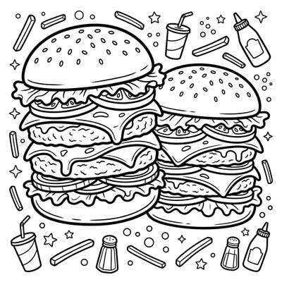 Get ready for a feast of colors with this exciting double patty burger coloring page, perfect for young artists. Kids can bring these giant, juicy burgers and their yummy sides to life with their favorite crayons and markers.
