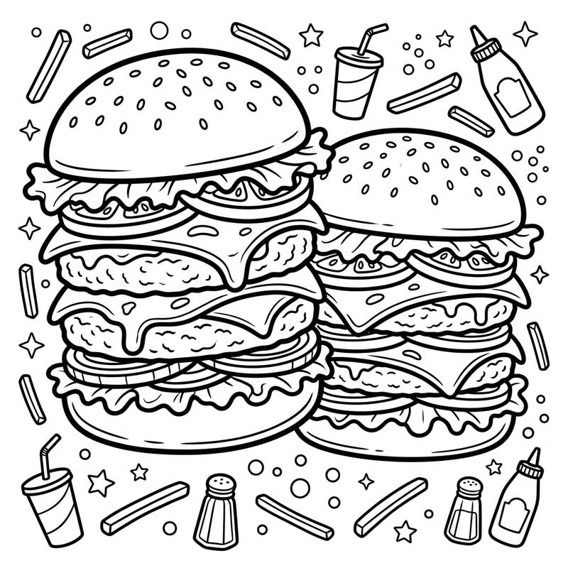 Get ready for a feast of colors with this exciting double patty burger coloring page, perfect for young artists. Kids can bring these giant, juicy burgers and their yummy sides to life with their favorite crayons and markers.