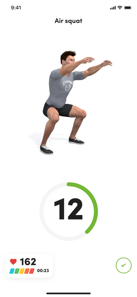 Buzz Gym - Buzz Gym app interface showing a 3D animated man performing an air squat with a rep counter and heart rate monitor