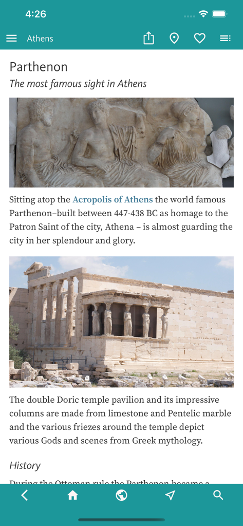 Athens’ Best: Travel Guide - Athens Best travel guide app screen showing historical details and photos of the Parthenon in Athens