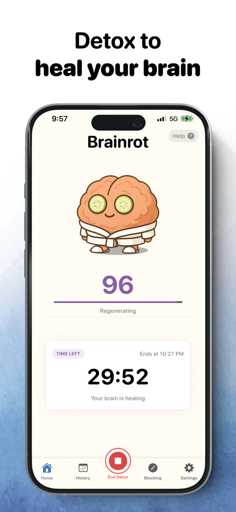 Brainrot app screen showing a digital detox timer with a relaxing brain avatar.