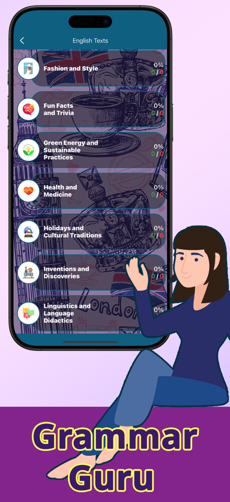 Mobile app screen showing various English text categories for preposition practice including Fashion and Health with a Grammar Guru character illustration.