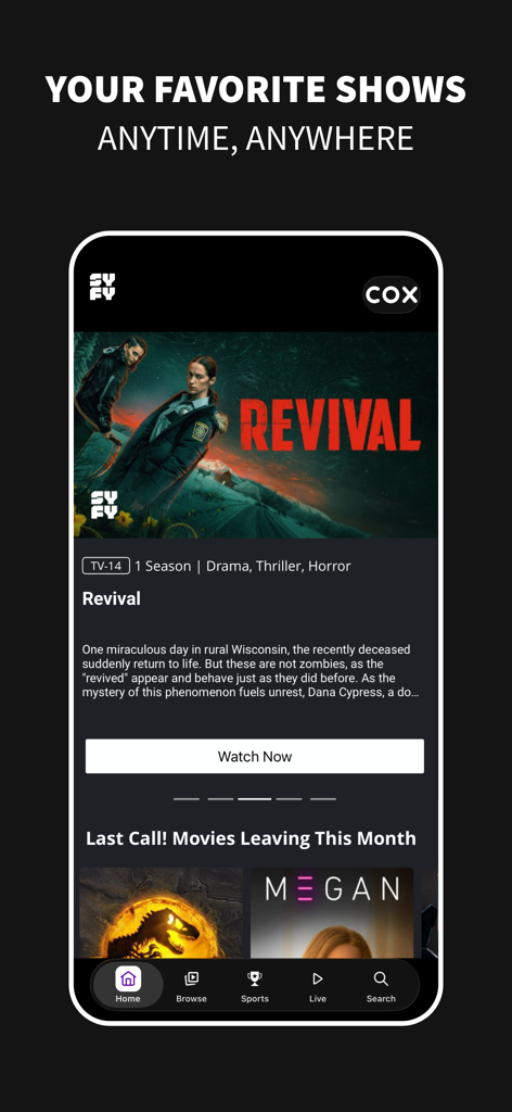 SYFY - SYFY app home screen displaying the show Revival and navigation for sports and live TV