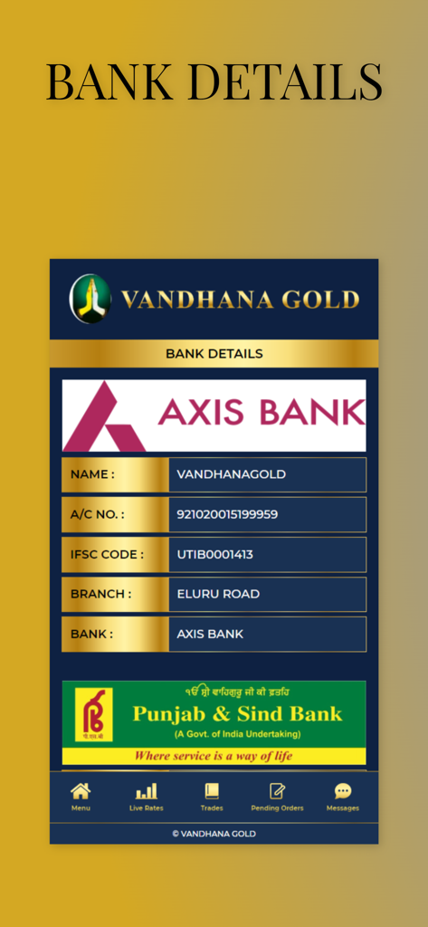 Vandhana Gold Live - Interfaz de la aplicación Vandhana Gold Live que muestra los detalles de la cuenta bancaria para Axis Bank, incluido el número de cuenta y el código IFSC