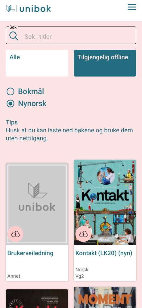 Unibok - Unibok app interface showing search bar language filters and digital textbook library