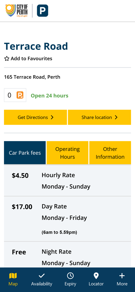 City of Perth Parking - Details and parking fees for Terrace Road car park in the City of Perth Parking app