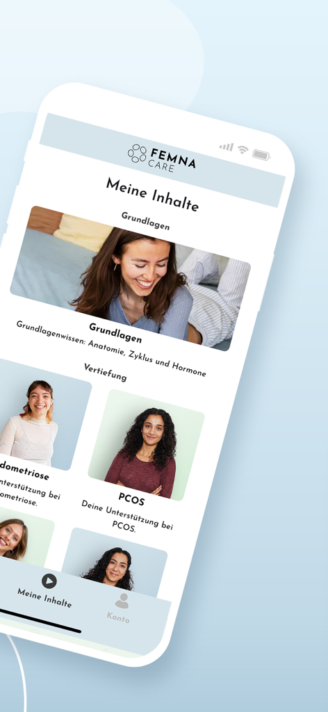 FEMNA Care - Screenshot of the FEMNA Care app showing educational content categories for cycle health, endometriosis, and PCOS.