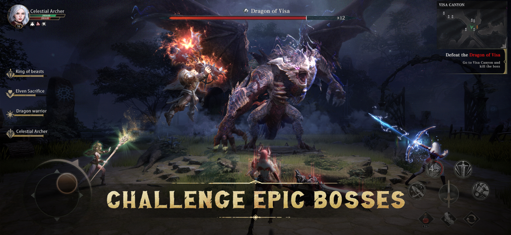 Eine Gruppe von Helden kämpft gegen einen riesigen Drachenboss in einer dunklen Fantasy-Umgebung in Flame of Valhalla Global.