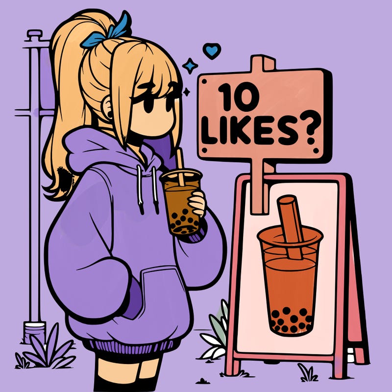 girl with oversized hoodie drinking boba and she has a high ponytail with a sign that says 10likes?