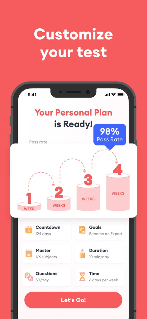 Uma captura de tela do aplicativo Prática para o Exame ACLS 2026 exibindo um plano de estudo personalizado com uma taxa de aprovação de 98 por cento.