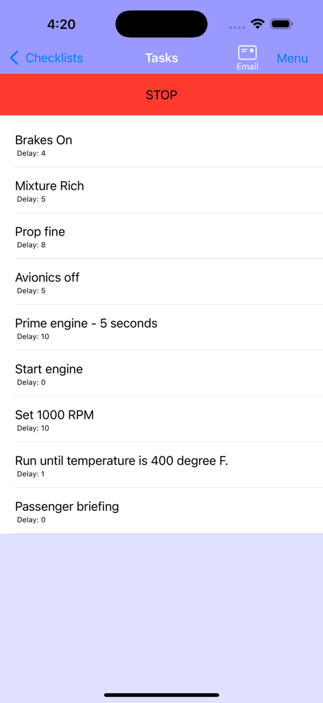 Pilot Checklist - Aviation task list showing engine start procedures and pre-flight checks
