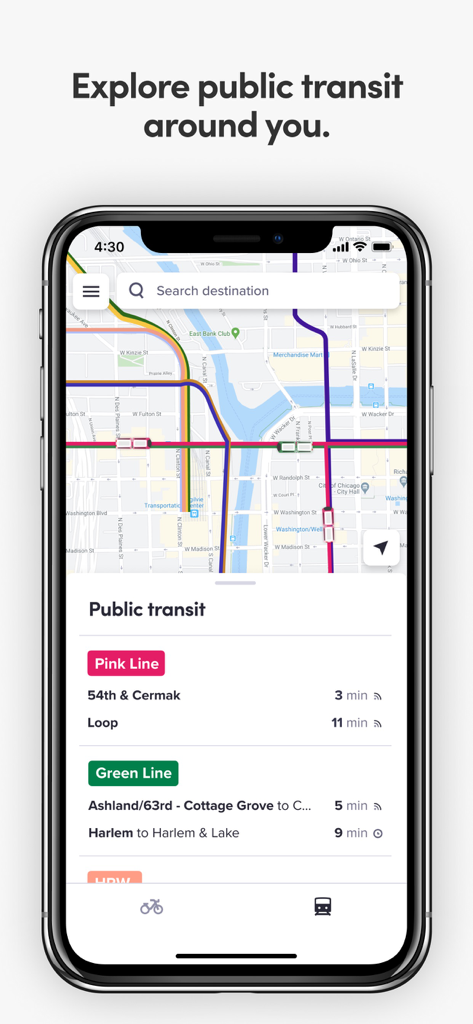 Divvy Bikes - Divvy Bikes app screen displaying a map of Chicago transit lines and real-time departure times for the CTA Pink and Green lines
