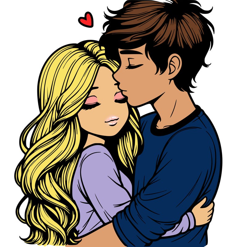 a realistic couple boy and girl hugging and kissing