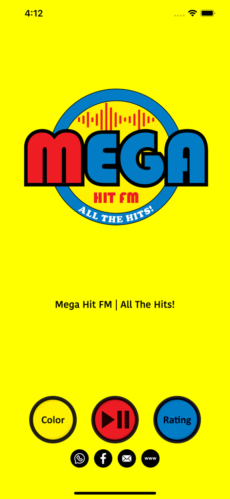 Mega Hit FM - Mega Hit FM radio app interface with vibrant yellow background and playback controls