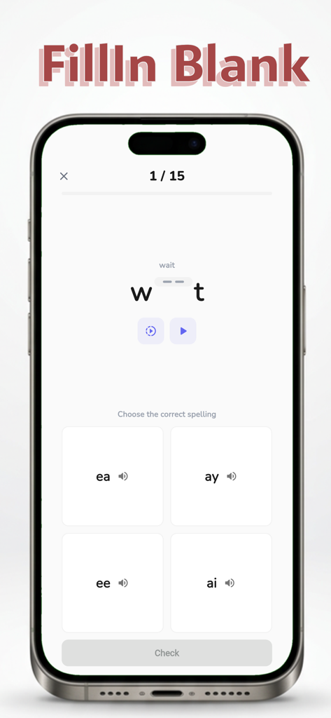 Phonics Sense - Captura de tela do aplicativo Phonics Sense mostrando um quiz de soletração de preencher a lacuna para a palavra 'wait'