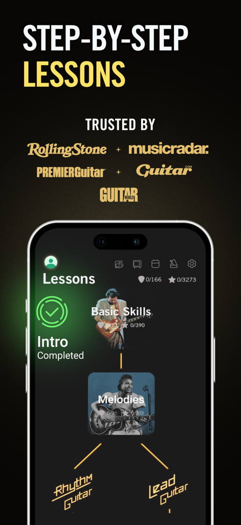 Gibson guitar app interface displaying a step by step learning path with media endorsements from Rolling Stone and Guitar World