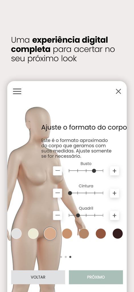 OQVestir - Interface do aplicativo OQVestir mostrando um avatar 3D personalizável para medidas corporais e seleção de tom de pele.