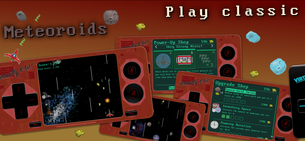 Virtually 8-bit! Game Console - A retro handheld console interface showing the Meteoroids game and upgrade shop screens.