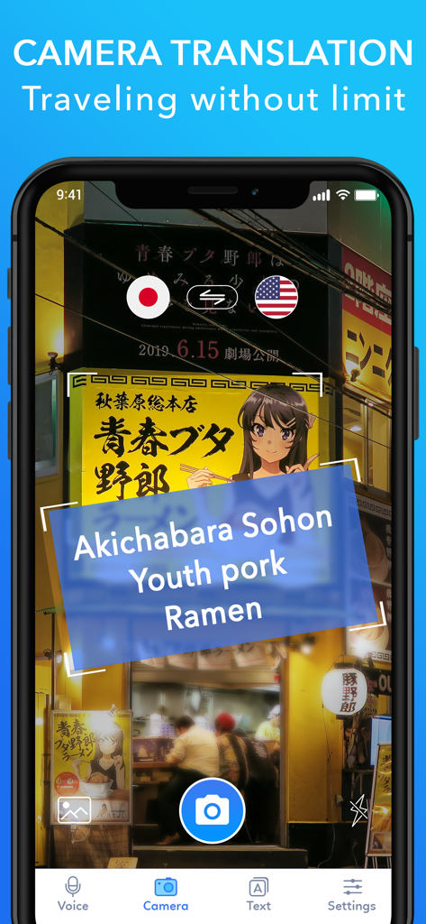 Translator : Voice Translate - Screenshot der Übersetzer Sprachübersetzungs-App, die ihre Kamerafunktion verwendet, um ein japanisches Ramen-Laden-Schild ins Englische zu übersetzen