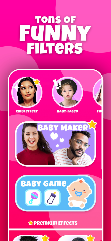 Make A Baby AI Future Face - Mobile app screen for Make A Baby AI showing baby maker and chibi effect filters