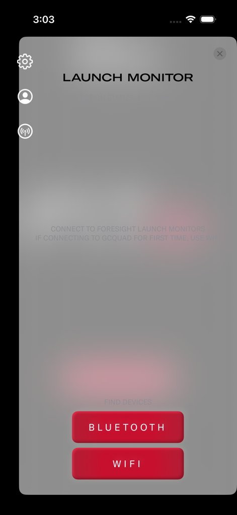 FiT ai: Wilson Club Fitting - Connection screen for Wilson FiT ai app showing Bluetooth and WiFi options to sync with a Foresight launch monitor