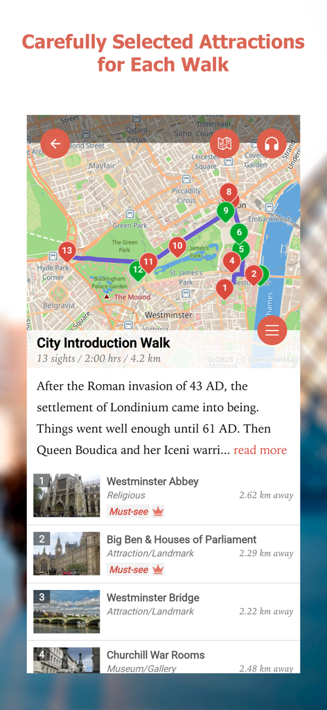 GPSmyCity: Walks in 1K+ Cities - GPSmyCity app screen showing a self guided London walking tour map with pins and attraction descriptions
