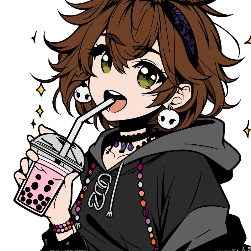hot baddie anime girl drinking boba and biting the straw