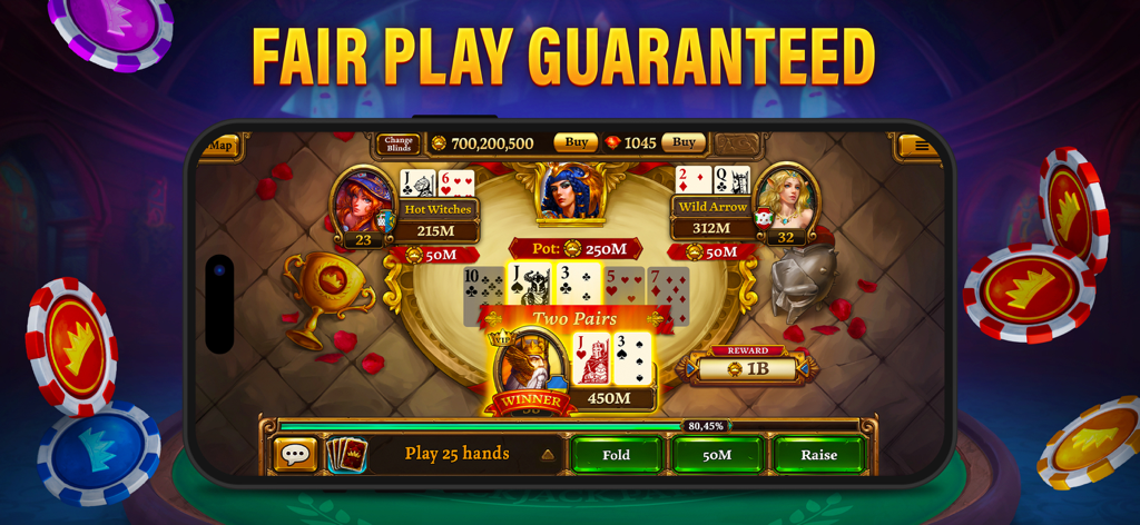 Scatter Holdem Poker mobile gameplay screen showing fantasy characters and fair play guaranteed text