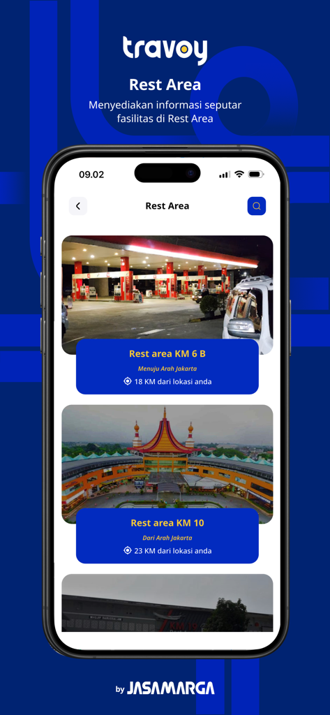 Travoy app screen showing rest area locations and facilities on Indonesian toll roads