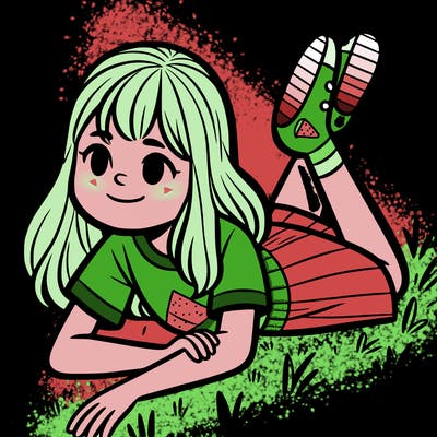 at a girl laying in the grass, her hair is mid length, she has a t shirt on and a basic skirt, her feet are out of frame