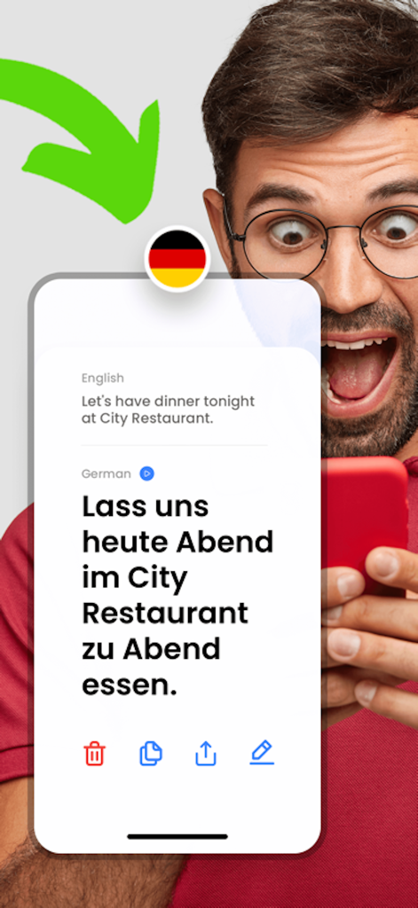 Translate All Language ® - Mobile phone screen showing an English sentence translated into German using the Translate All Language app