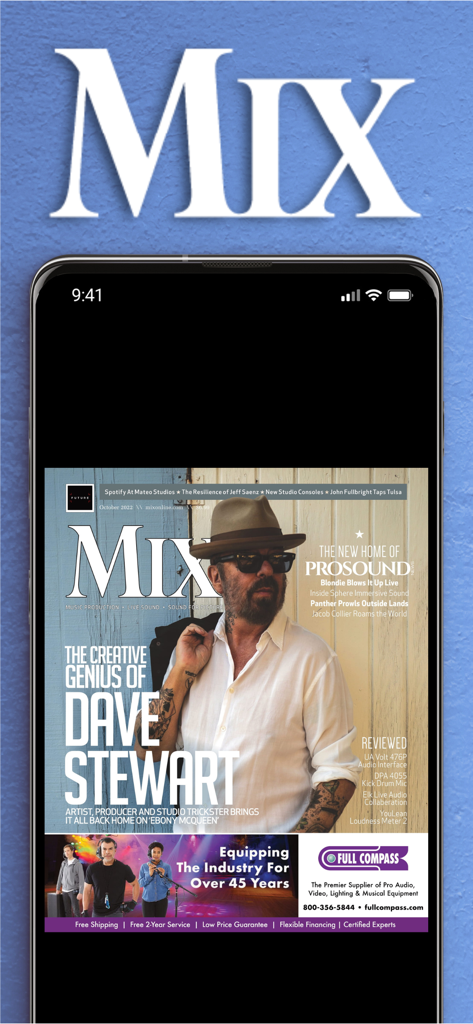 Digital edition of Mix Magazine+ on an iPhone featuring Dave Stewart on the cover