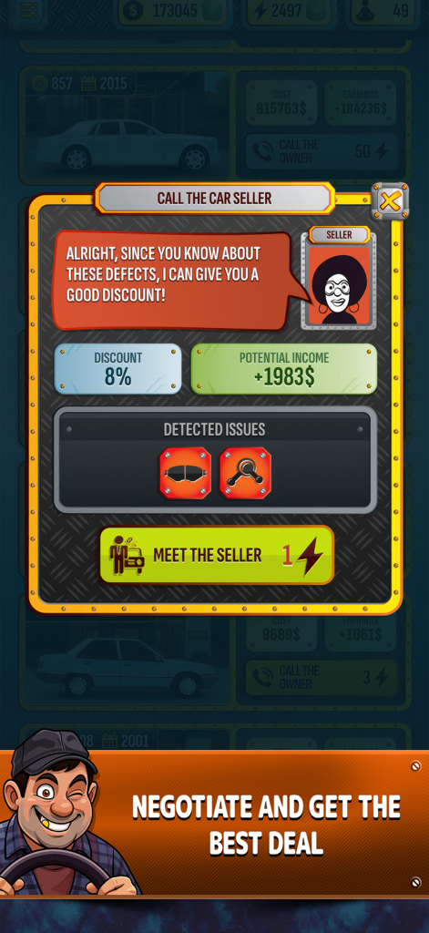 Cars Dealer Simulator - Negotiation screen in Cars Dealer Simulator showing a seller offering a discount for car defects.