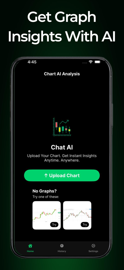 Startbildschirm der Chart AI-App mit einer Schaltfläche zum Hochladen von Charts und Beispiel-Handelsgraphen für die KI-Analyse
