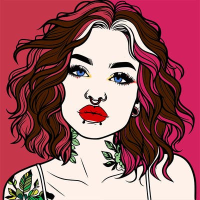 realistic woman with septum piercing and wavy hair and tattoos