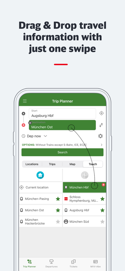 München Navigator - München Navigator App Reiseplaner zeigt eine Drag-and-Drop-Funktion für Reiseinformationen