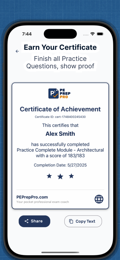 PE Prep Pro - Un certificado digital de logro por completar un módulo de práctica en la aplicación móvil PE Prep Pro.