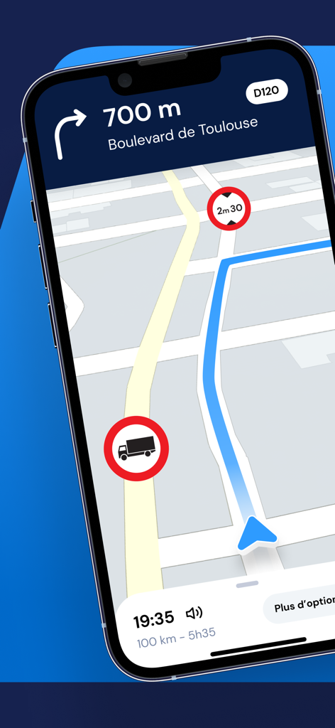 NavXL Truck Navigation - NavXL App-Oberfläche, die eine lkw-spezifische Navigationsroute mit Symbolen für Straßensperrungen und Höhenbeschränkungen anzeigt