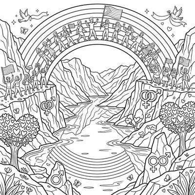 Journey into a magnificent Rift Valley landscape where the spirit of Pride Month shines bright. This unique coloring page combines stunning natural beauty with powerful symbols of love, diversity, and community.