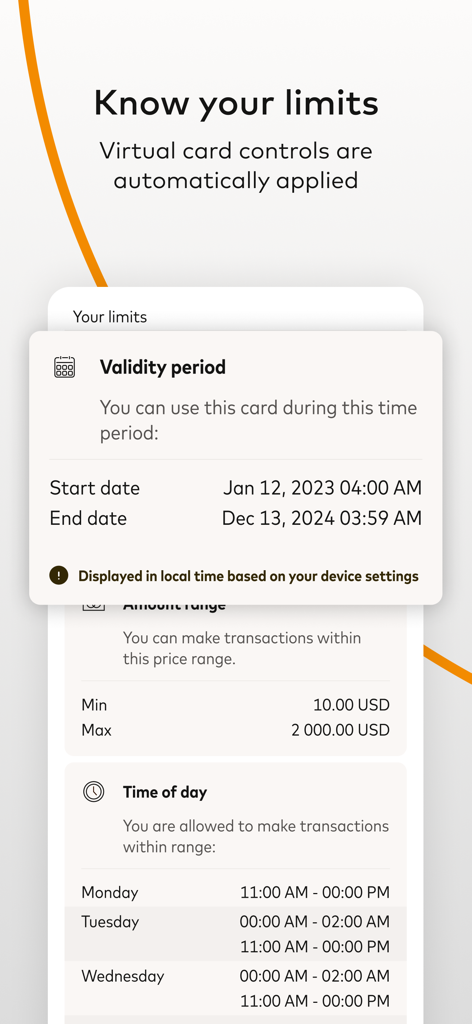 Mastercard In Control Pay - Mastercard In Control Pay app screen showing virtual card spending limits and validity period controls