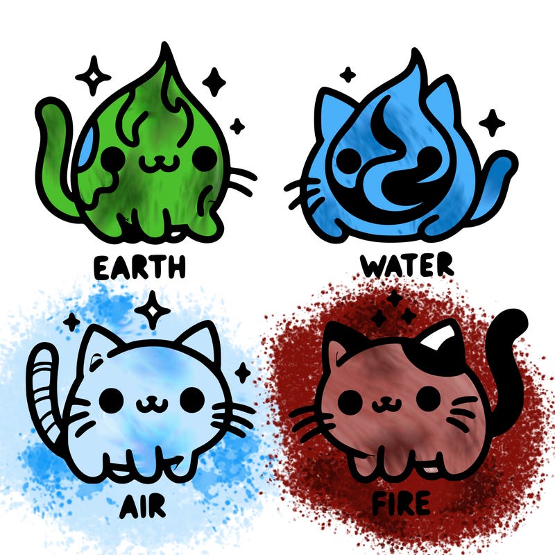 4 cats that represent the different elements, earth, water, air, and fire