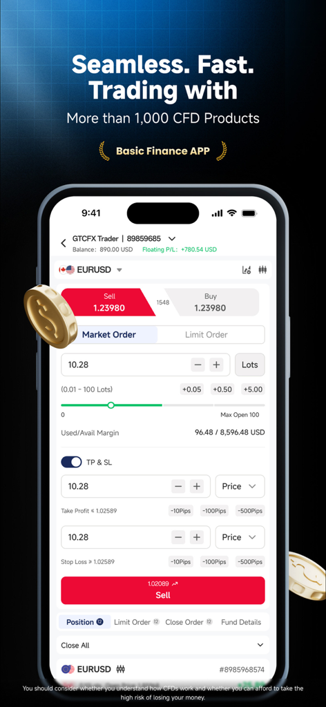 GTC Go - GTC Go mobile app interface displaying real-time CFD trading options for EURUSD currency pair